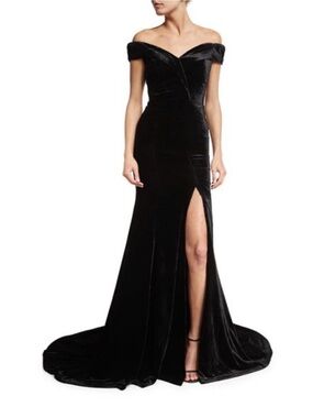Rachel Gilbert Black Off-the-Shoulder Velvet Maxi Gown with Thigh Slit